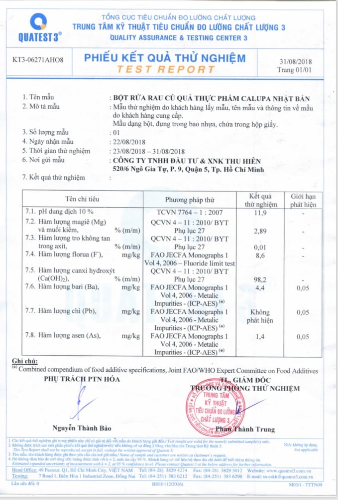 Kết quả kiểm nghiệm của Quatest3 cho sản phẩm Calupa. Ảnh: DT