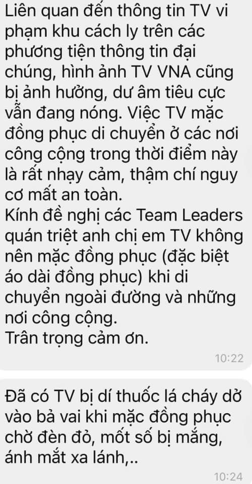 Một đoạn tin nhắn được cho là từ thông báo nội bộ của Vietnam Airline cảnh báo đến các nhân viên hãng bay này. Ảnh:TL.