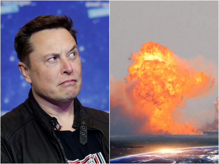 Nguyên mẫu SpaceX’s Starship SN9 lao xuống đất và phát nổ vào ngày 2 tháng 2 năm 2021. Ảnh trái: Hannibal Hanschke (Reuters); Ảnh phải: SPadre.com