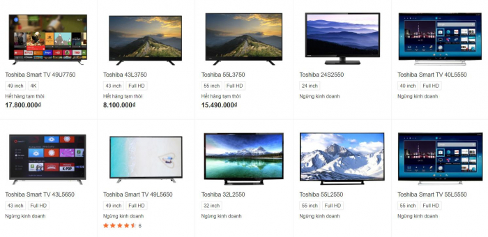 Người tiêu dùng hiện khó tìm mua các sản phẩm tivi của Toshiba tại Việt Nam. Ảnh chụp màn hình.