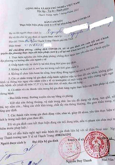 Bản cam kết thực hiện cách ly của 2 vợ chồng Chủ tịch Phúc Đạt Group có chữ ký, đóng dấu của chính quyền địa phương.