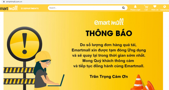 Ngày 28/6, trên ứng dụng mua sắm online https://emartmall.com.vn/ của siêu thị Emart đã thông báo tạm ngưng hoạt động. Ảnh chụp màn hình