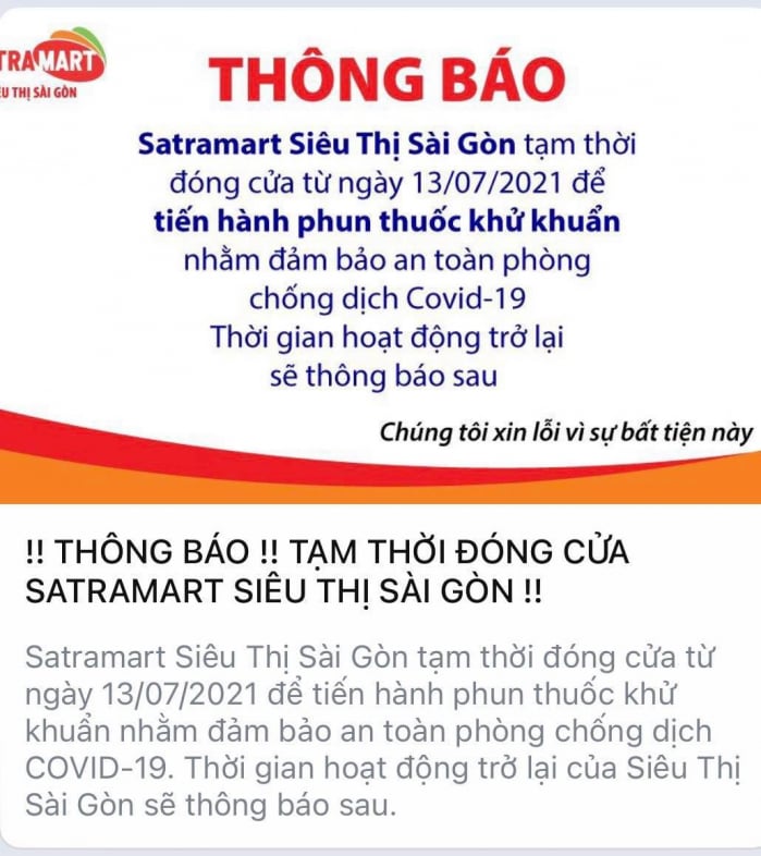 Thông báo của Satramart Siêu thị Sài Gòn. Ảnh: Satramart.