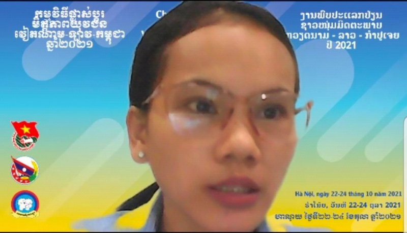 Một nữ đại biểu thanh niên Campuchia phát biểu với nhiều tâm huyết tại Giao lưu hữu nghị thanh niên 3 nước