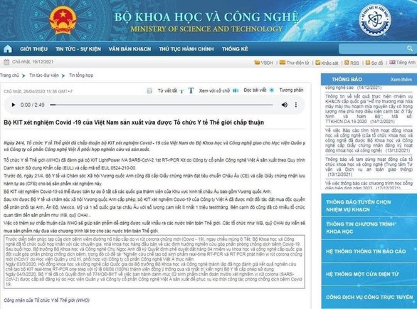 Thông tin về kit test của Việt Á được WHO chấp thuận từng đăng trên website Bộ KHCN. Ảnh: T.L