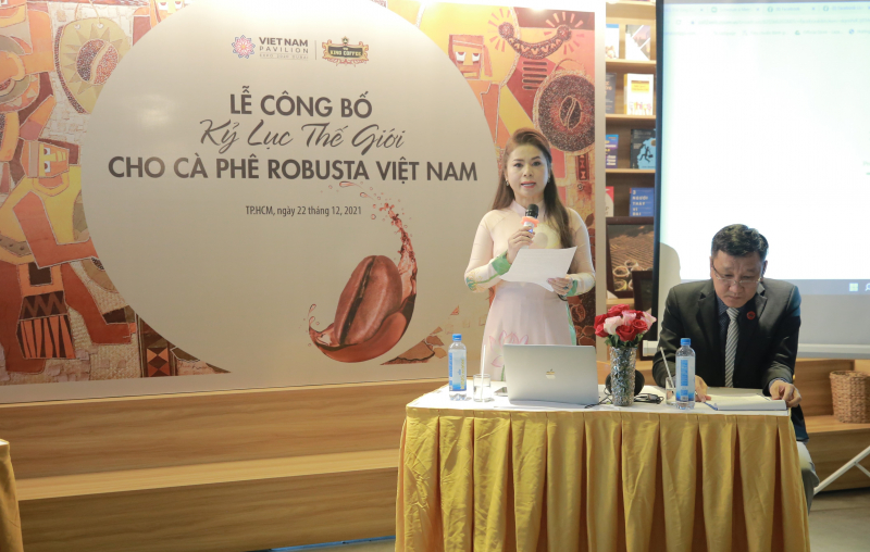 Bà Lê Hoàng Diệp Thảo phát biểu tại buổi lễ về ý nghĩa của kỷ lục thế giới đối với cà phê Robusta Việt Nam
