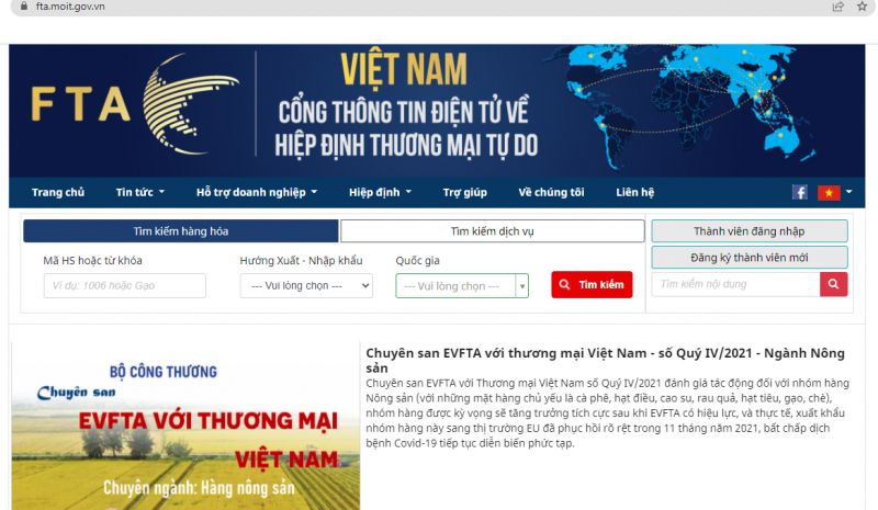 Cổng thông tin về các hiệp định thương mại tự do tại địa chỉ https://fta.moit.gov.vn/, cung cấp thông tin đầy đủ về các FTA Việt Nam đã ký kết. Ảnh: T.L