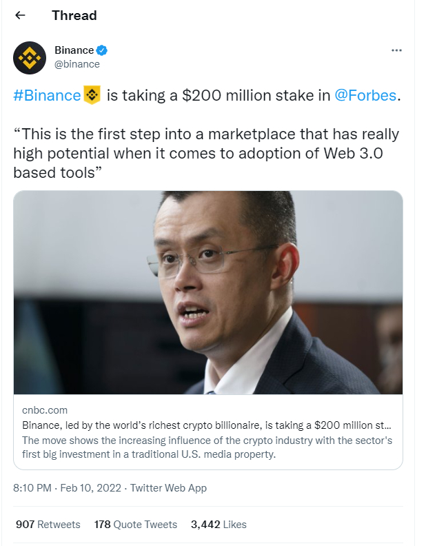 Tweet của Binance khi đầu tư 200 triệu đô la vào tạp chí Forbes