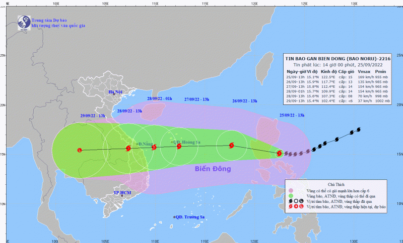 Cơn bão có tên quốc tế Noru đang tiến vào Biển Đông (và sẽ trở thành cơn bão số 4 hoạt động trên Biển Đông từ đầu năm 2022), sức gió mạnh nhất vùng gần tâm bão mạnh cấp 15, giật cấp 17.