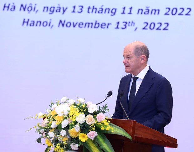 Thủ tướng Cộng hòa Liên bang Đức Olaf Scholz phát biểu tại Hội nghị bàn tròn với doanh nghiệp Việt Nam-Đức. Ảnh: VGP