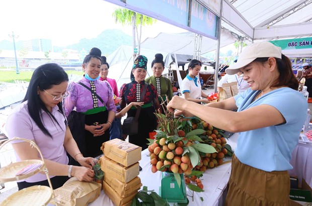 Khách hàng lựa chọn các sản phẩm tại Festival trái cây và các sản phẩm OCOP năm 2022 tổ chức tại Sơn La. Ảnh TTXVN