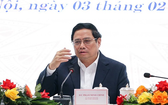 Thủ tướng Chính phủ Phạm Minh Chính tại Hội nghị thúc đẩy sản xuất tiêu dùng trong nước và mở rộng thị trường xuất khẩu 2023, sáng 3/2. Ảnh: VGP.
