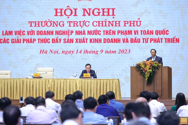Thủ tướng Phạm Minh Chính chủ trì hội nghị làm việc với doanh nghiệp Nhà nước trên phạm vi toàn quốc, ngày 14/9. Ảnh: VGP