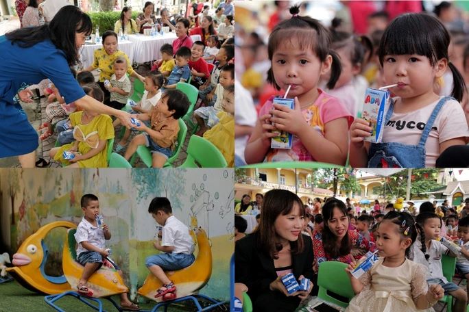 Các bé Trường Mầm non Cao Thành háo hức đón nhận những hộp sữa trong ngày hội đến trường
