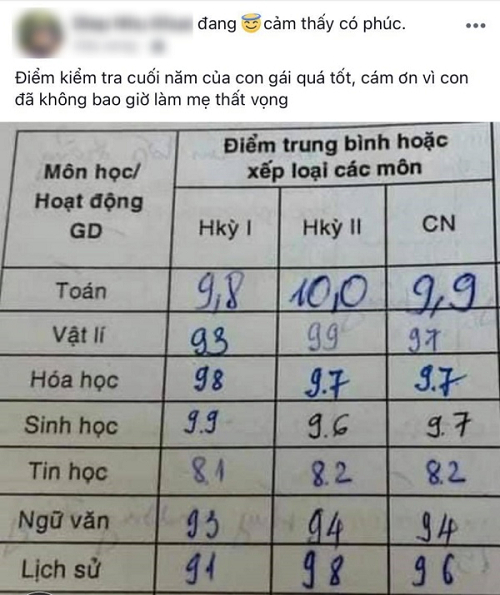 Một bảng điểm của con được mẹ khoe trên Facebook. Ảnh: Internet