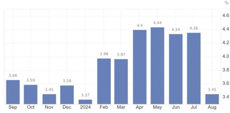 Chỉ số CPI lũy kế tháng của Việt Nam có sự giảm đột ngột từ tháng 7 (4,36%) xuống tháng 8 (3,45%). Ảnh: TL.