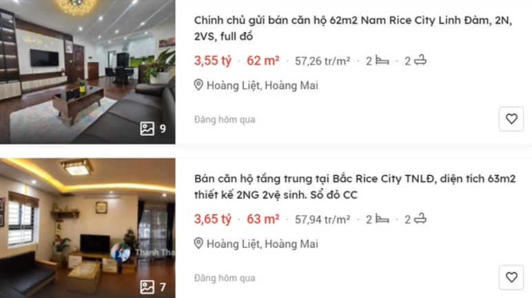 Không khó để bắt gặp những đoạn tin rao bán chung cư Rice City Linh Đàm trên mạng Internet. Ảnh: Chụp màn hình.