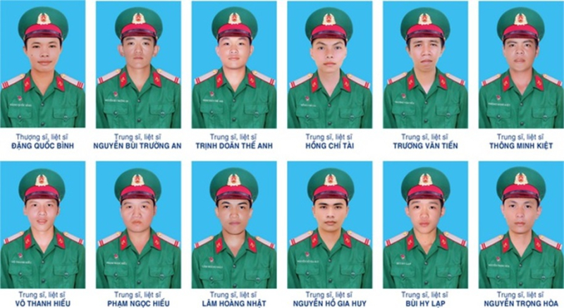 Chân dung 12 quân nhân thuộc Tiểu đoàn 17, Sư đoàn 5, Quân khu 7 hy sinh khi đang diễn tập. Ảnh: Internet