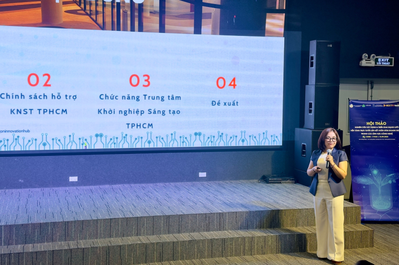 Bà Lê Thị Bé Ba, Phó Giám đốc SIHUB phát biểu tại hội thảo
