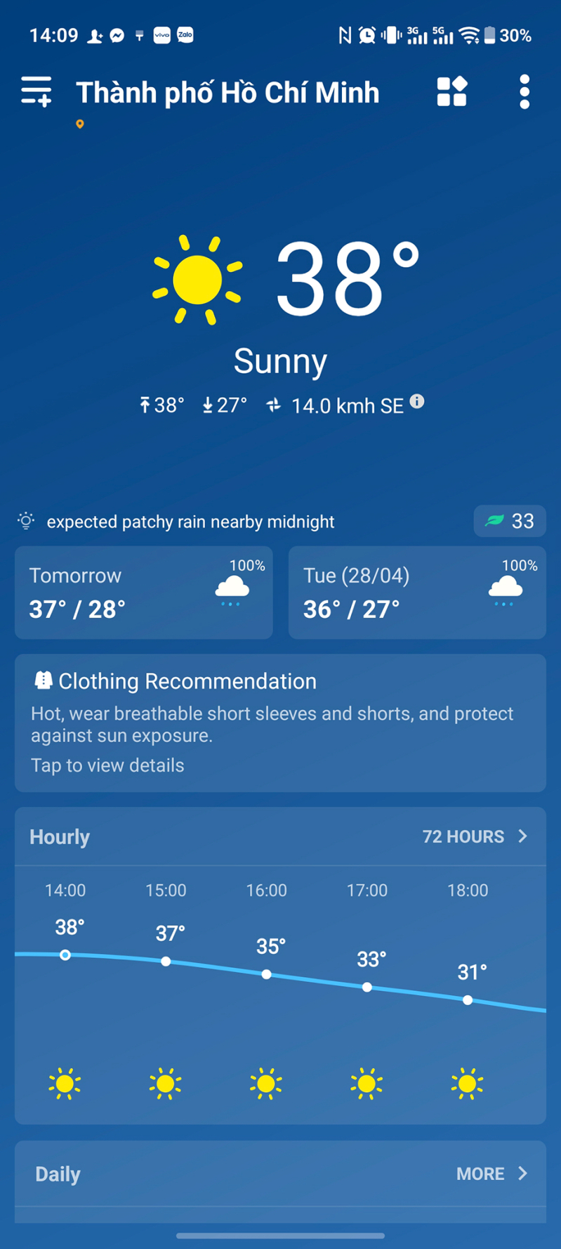 Nhiệt độ TP.HCM hiển thị lúc khoảng 14h ngày 26/4