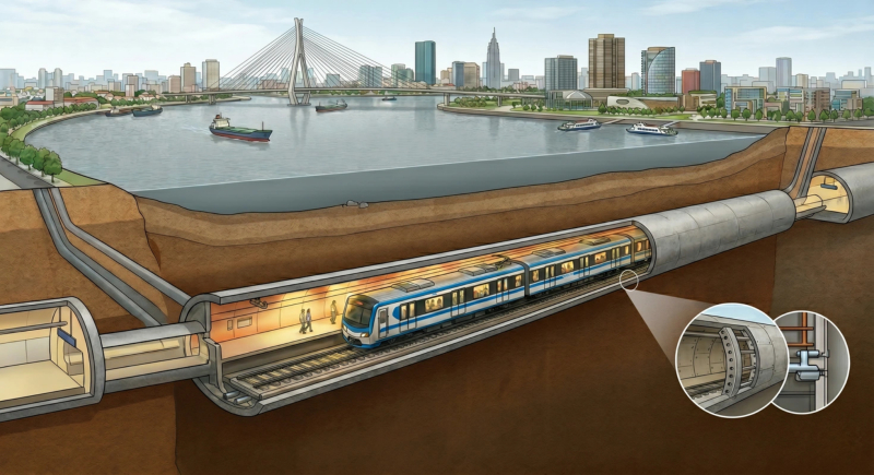 Phối cảnh tuyến metro Bến Thành - Thủ Thiêm dài 6km, được thiết kế đi ngầm vượt lòng sông Sài Gòn.