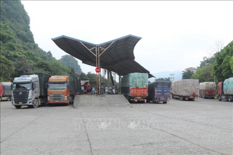 Phương tiện chở hàng xuất nhập khẩu tập kết tại khu vực sang tải trong lối thông quan Cốc Nam (Lạng Sơn).