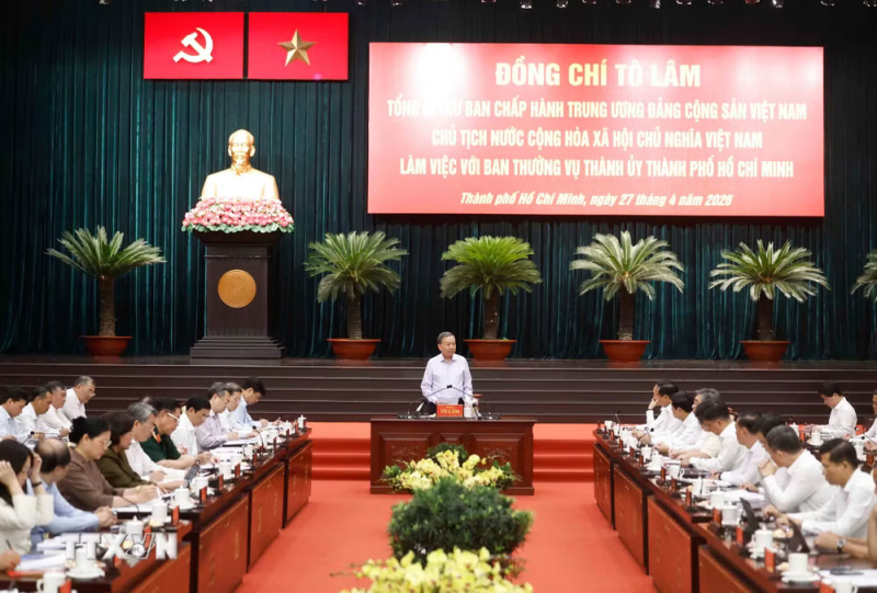 Tổng Bí thư, Chủ tịch nước Tô Lâm làm việc với Ban Thường vụ Thành ủy Thành phố Hồ Chí Minh, ngày 27/4/2026. Ảnh: TTXVN.