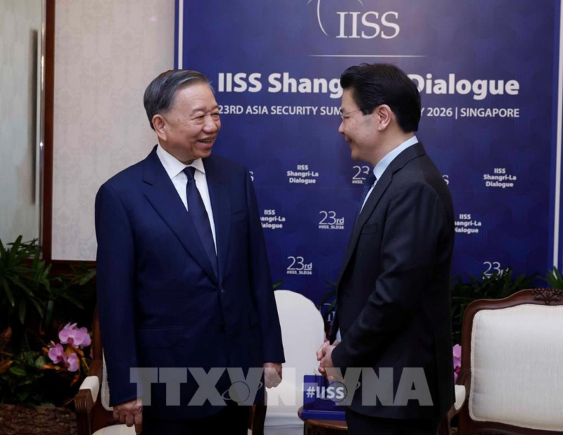 Tổng Bí thư, Chủ tịch nước Tô Lâm và Thủ tướng Singapore Lawrence Wong dự Đối thoại Shangri-La lần thứ 23. Ảnh: Thống Nhất – TTXVN