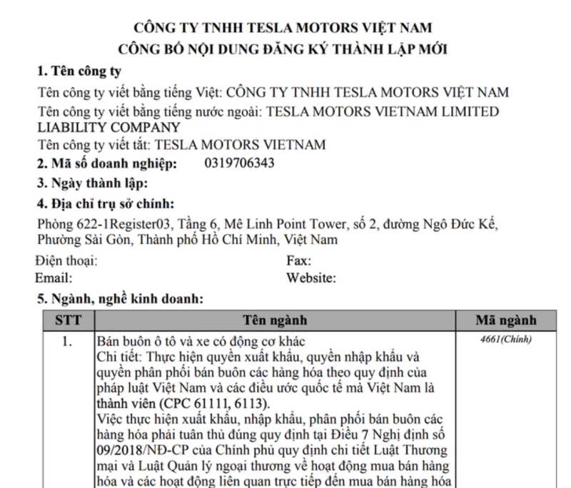 Thông tin đăng ký kinh doanh của Công ty TNHH Tesla Motors Việt Nam