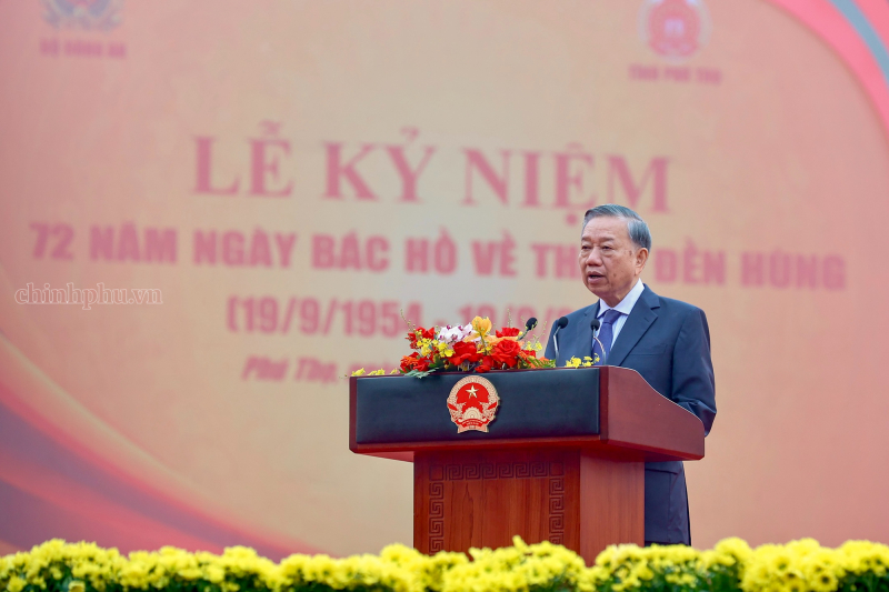 Tổng Bí thư, Chủ tịch nước Tô Lâm phát biểu tại Lễ kỷ niệm 72 năm Ngày Bác Hồ về thăm Đền Hùng. (Ảnh: chinhphu.vn/Nhật Bắc)